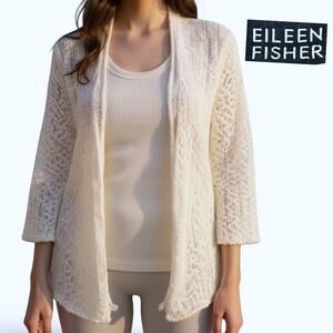 Eileen Fisher Petite Open Front Cardigan Women's Medium White Knit Cotton Layer
